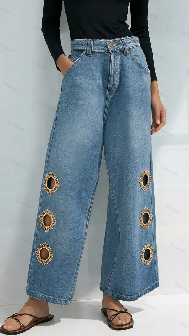 Womens High Waist Wide Leg Side Cut-out Decorated Jeans