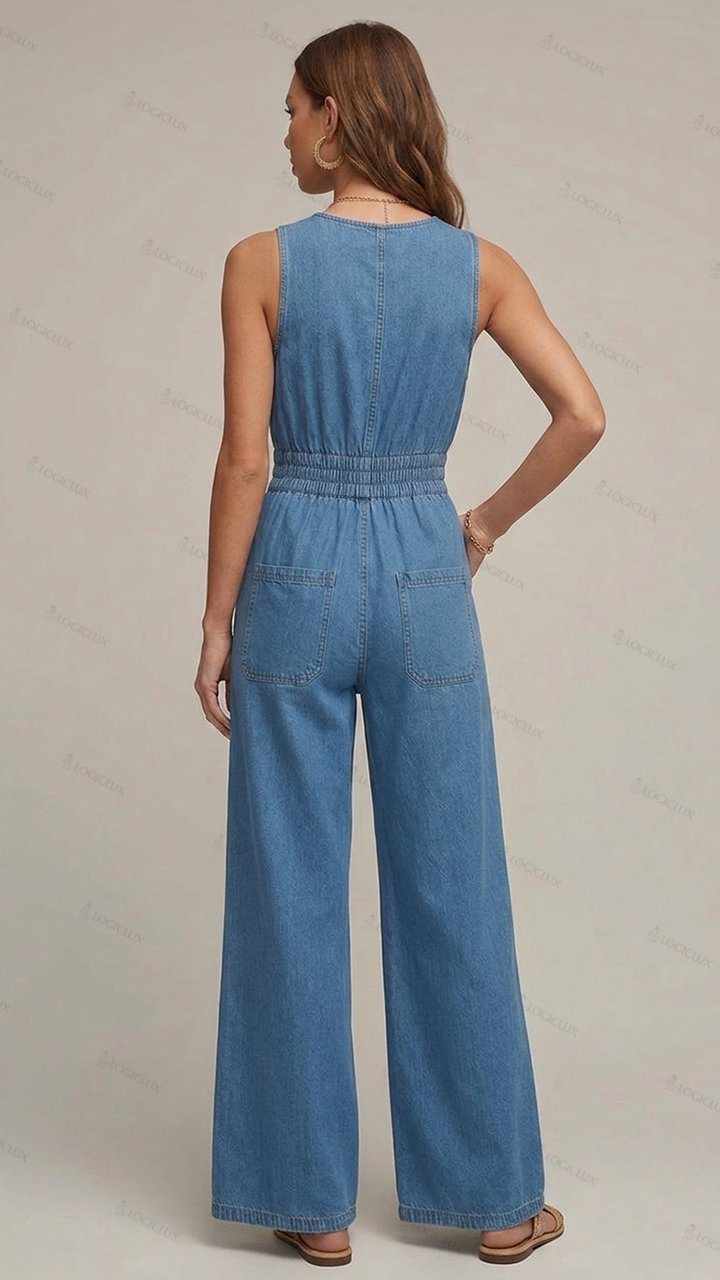 Womens Sleeveless V-neck Embroidered Elastic Waist Wide Leg Denim Jumpsuit