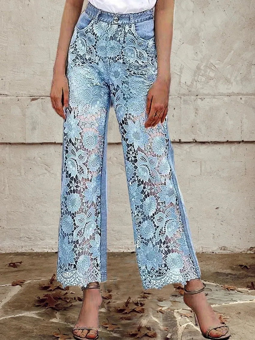 Women's Mid Waist Buttoned Lace Patchwork Jeans