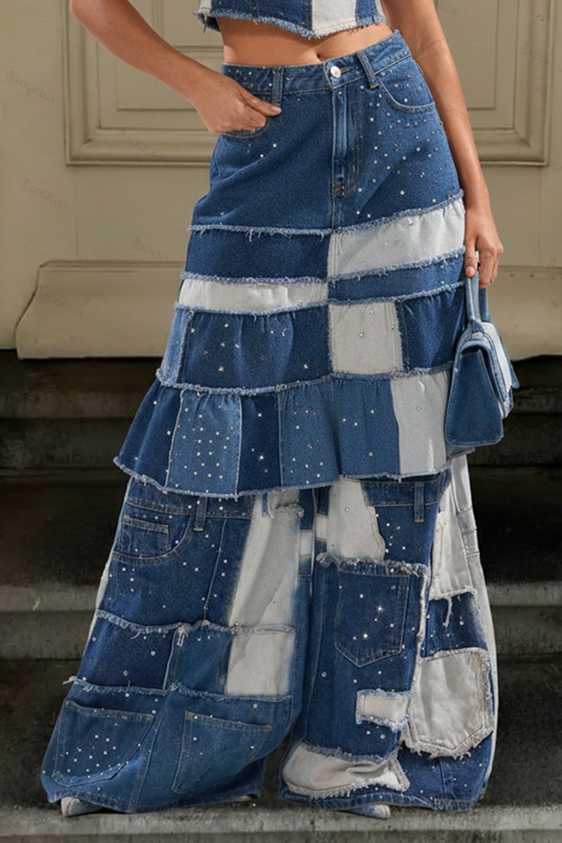 Women's Casual Spliced Denim Top With Rhinestone Accents & Paneled Wide Leg Jeans