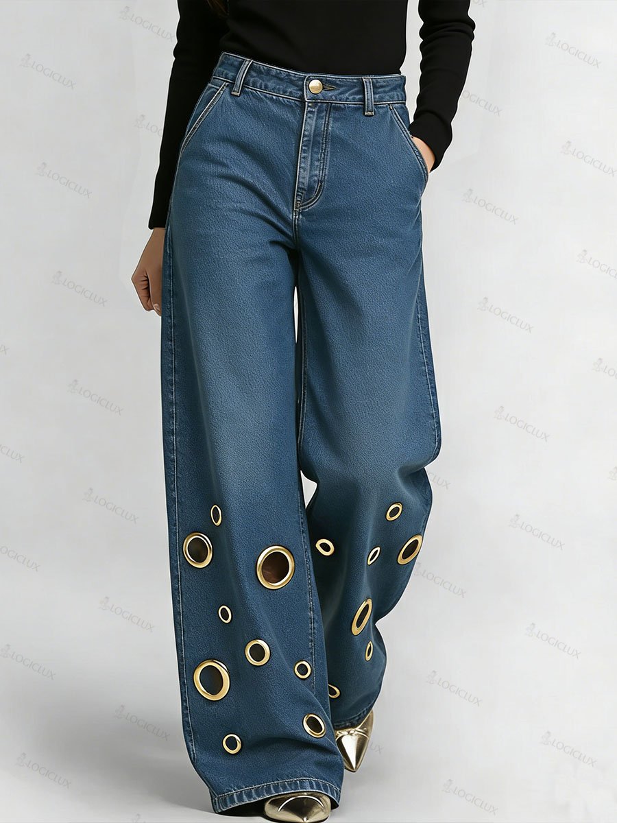 Women's High-waisted Hollow-out Design Casual Loose Wide-leg Jeans