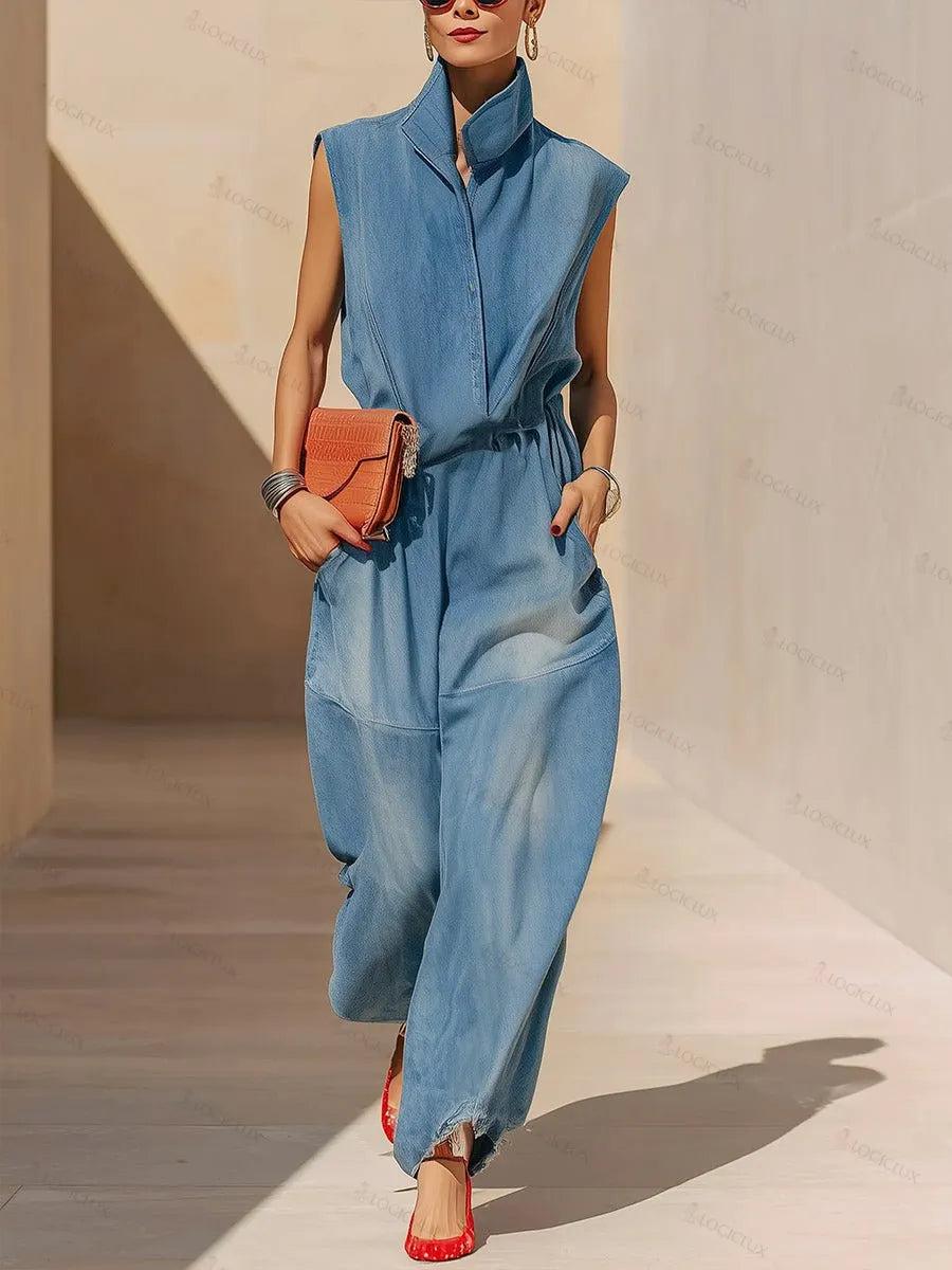 Women's Stand-up Collar Sleeveless Casual Loose Denim Jumpsuit