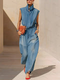 Women's Stand-up Collar Sleeveless Casual Loose Denim Jumpsuit