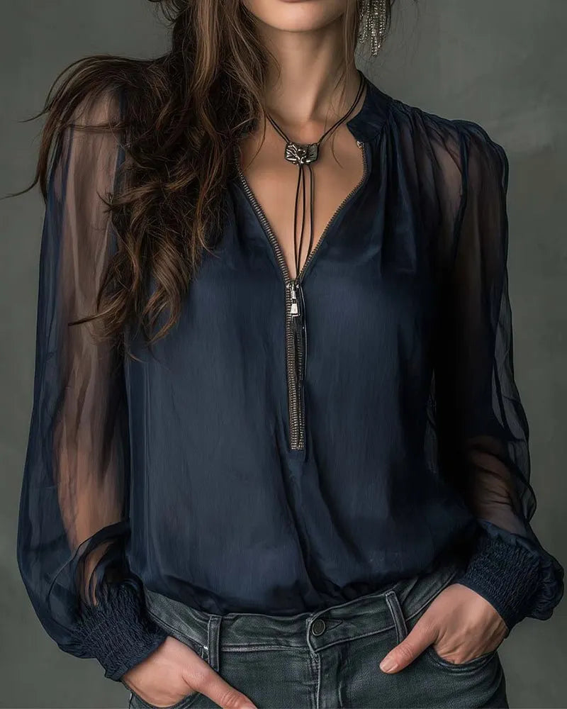 Half-Zip Blouse Long Sleeve Knit