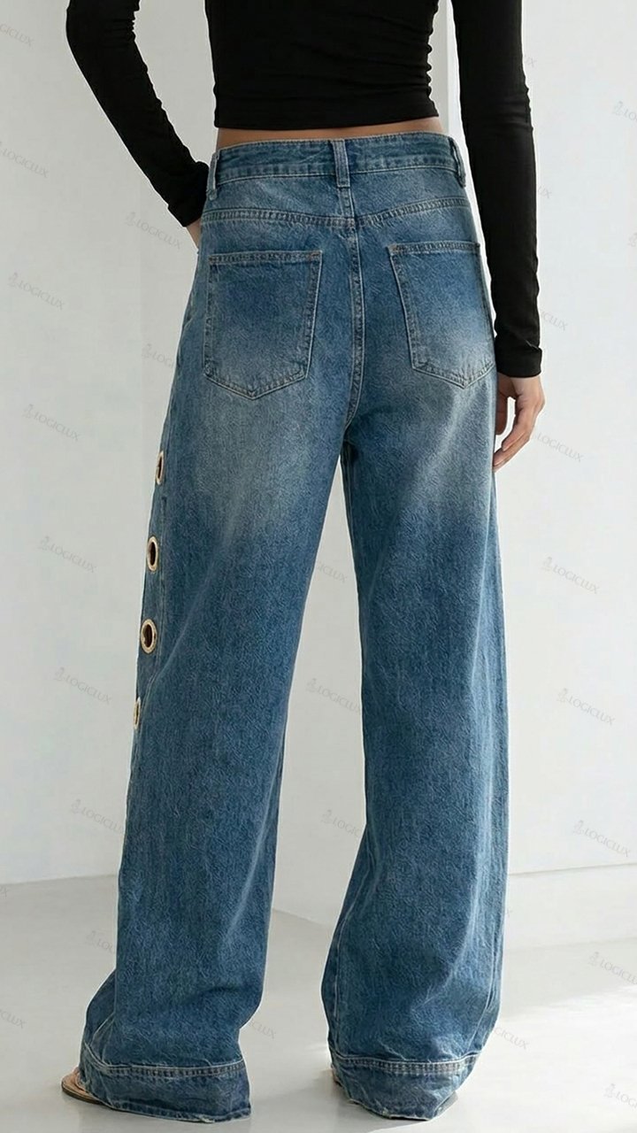 Womens High Waist Wide Leg Side Metal Ring Jeans