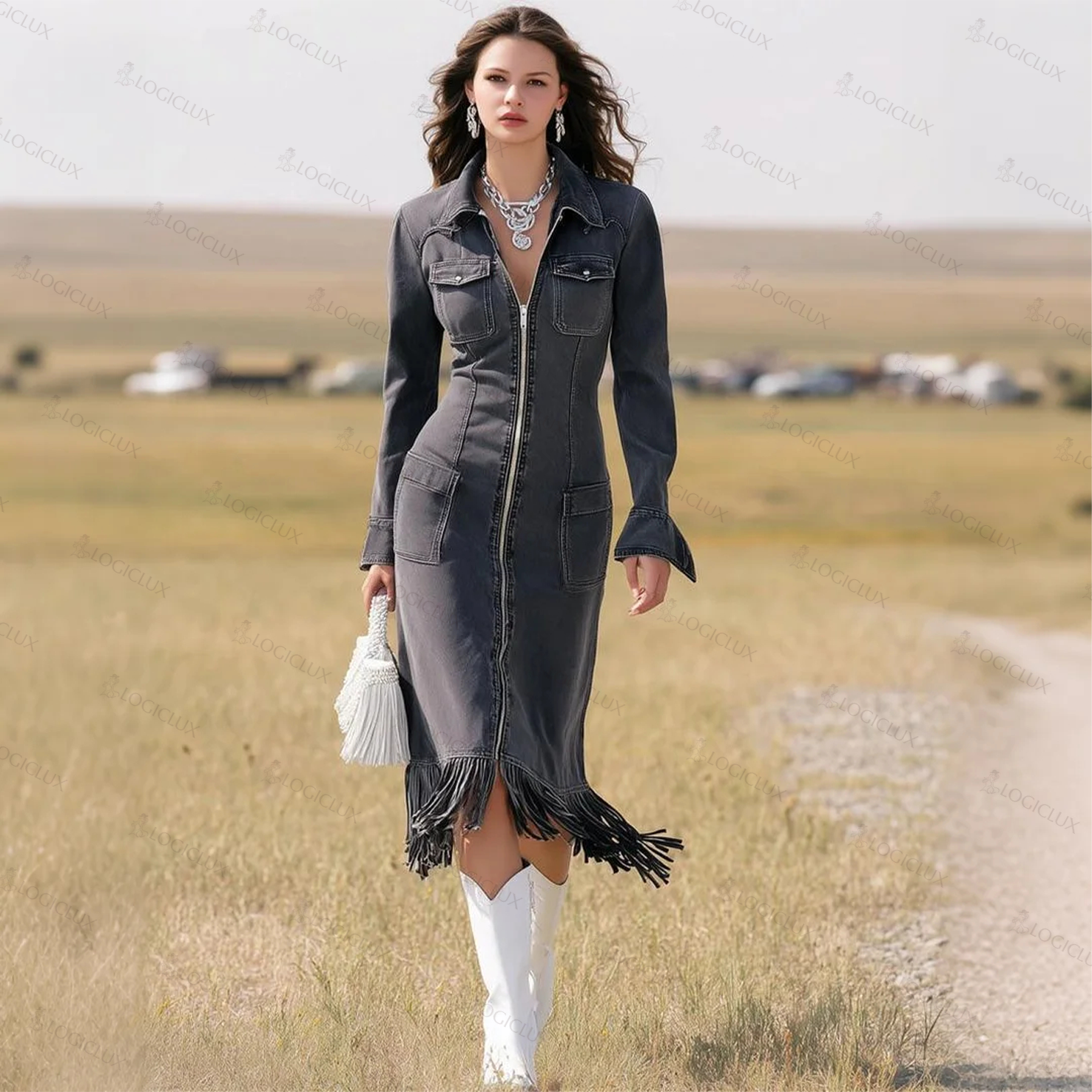 Women's Vintage Elegant Denim Tassel Dress With White Boots