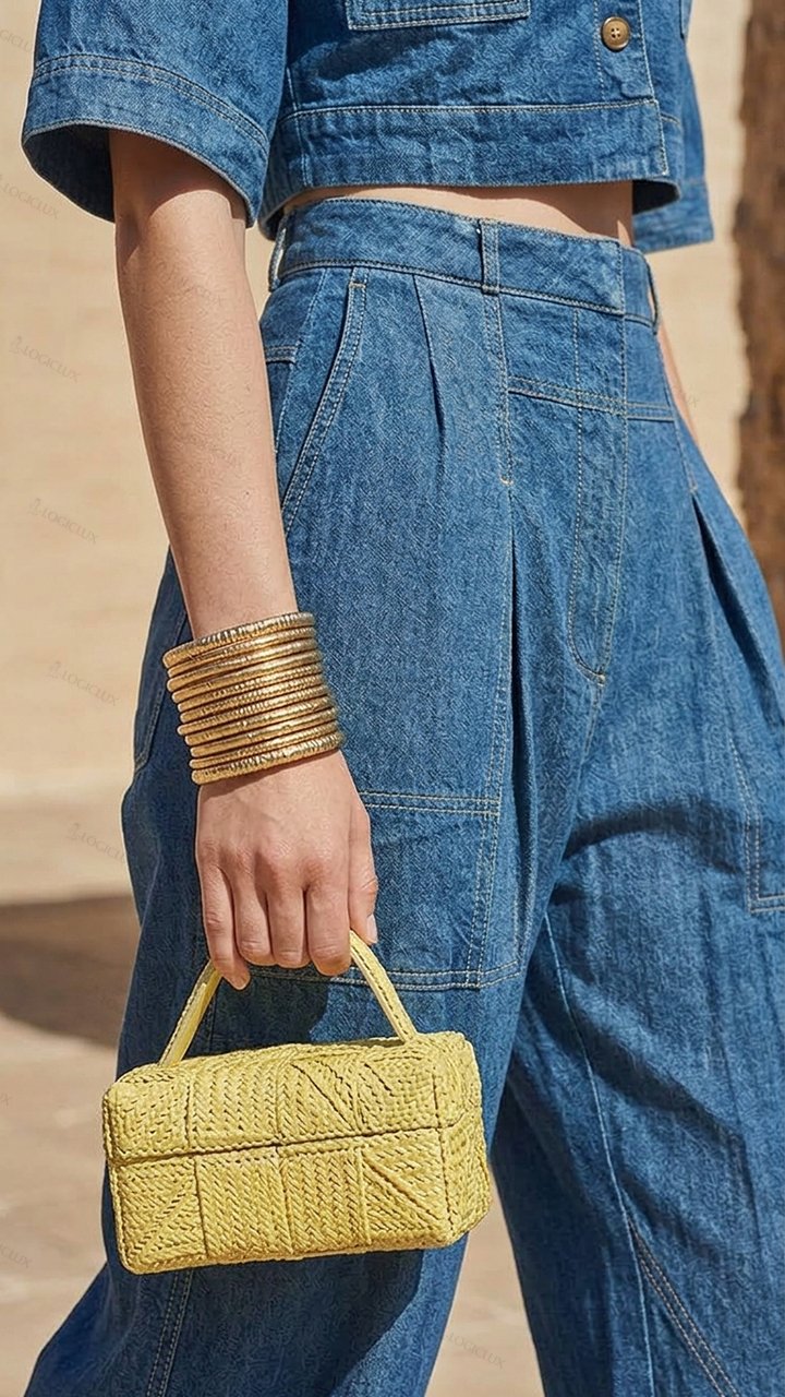 Short denim jacket paired with high-waisted wide-leg denim pants set