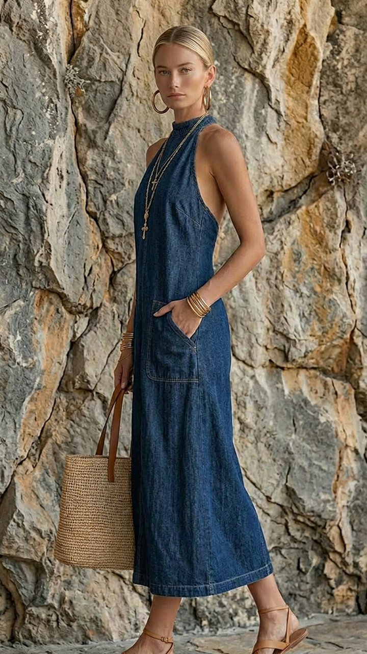 Women's High-neck Halter Denim Maxi Dress with Pockets