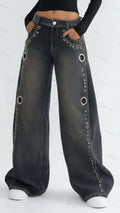 Womens High Waist Eyelet Decorated Wide Leg Jeans