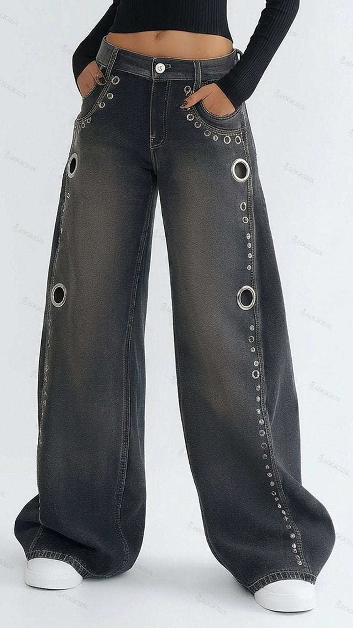 Womens High Waist Eyelet Decorated Wide Leg Jeans