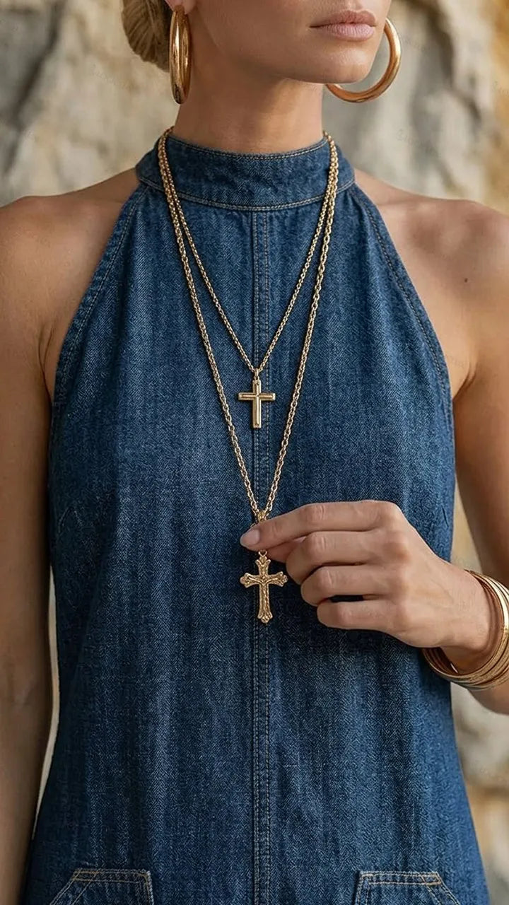 Women's High-neck Halter Denim Maxi Dress with Pockets