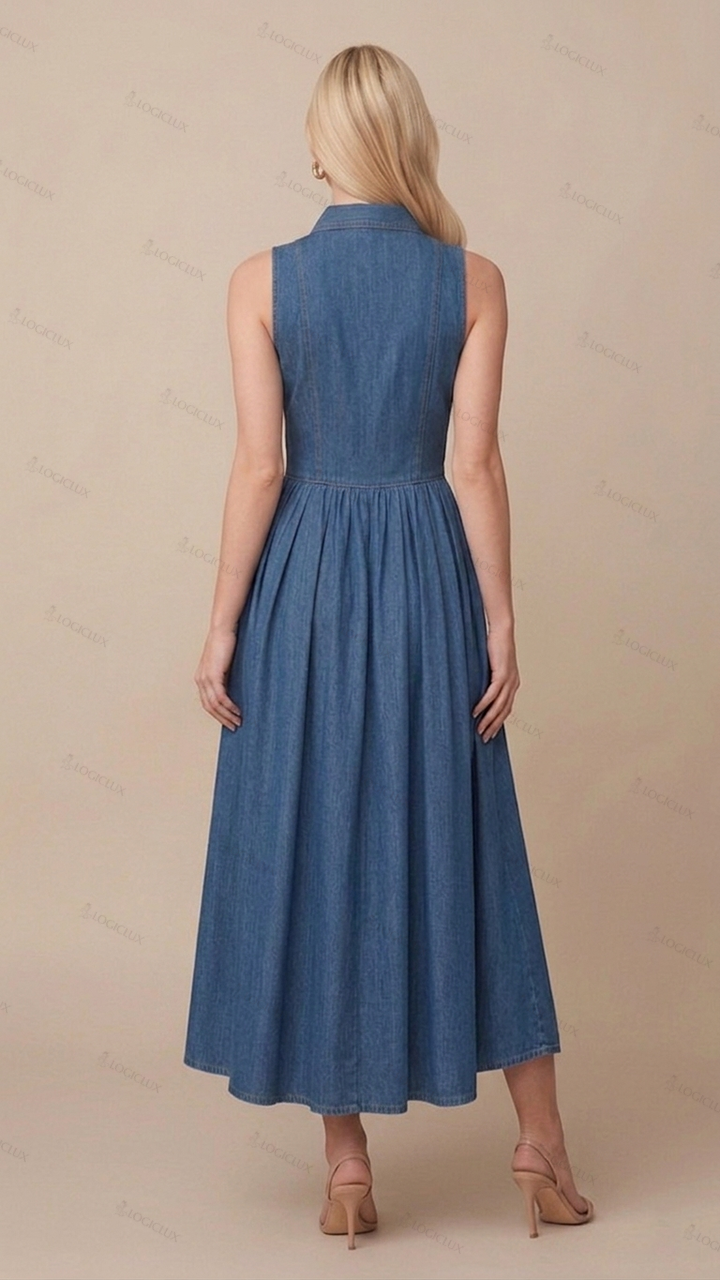 Womens Sleeveless Notched Collar Single-breasted Denim Maxi Dress