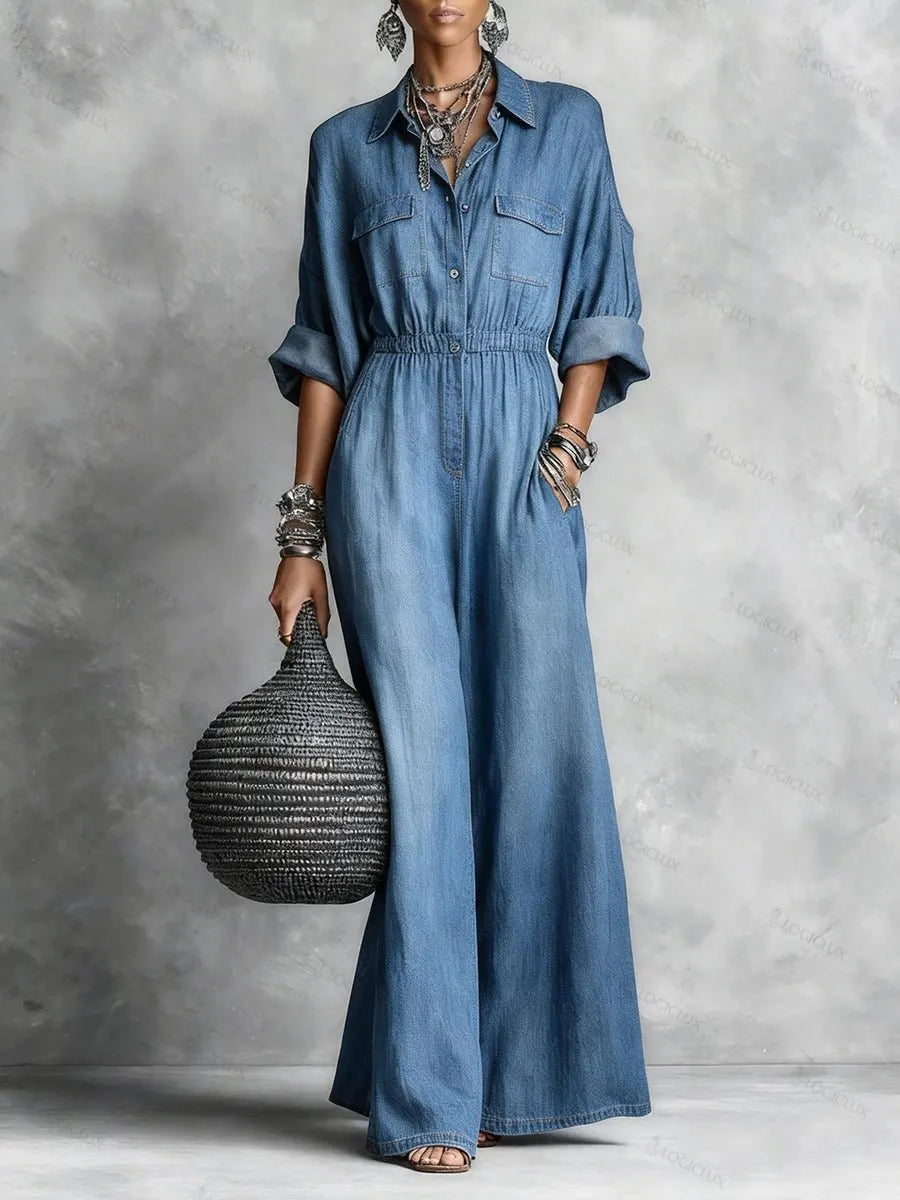 Women's Flowy Solid Color Casual Denim Jumpsuit