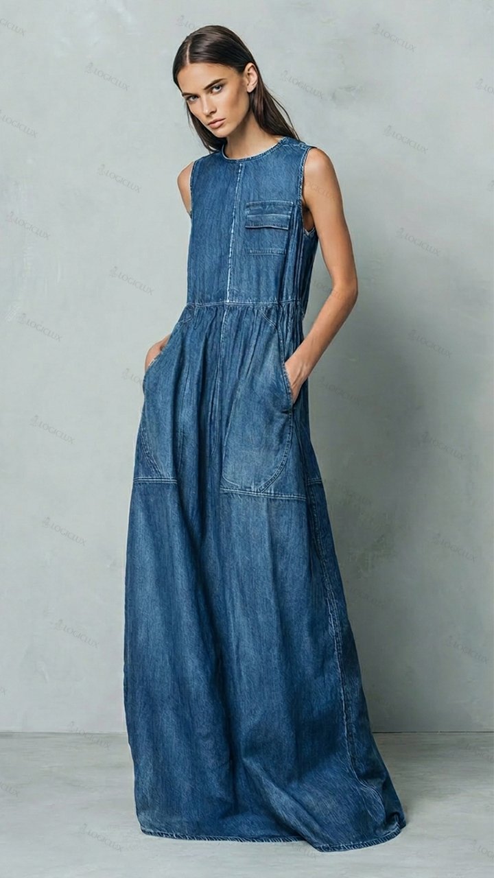 Women's Sleeveless Cinched-waist Denim Maxi Dress with Pockets