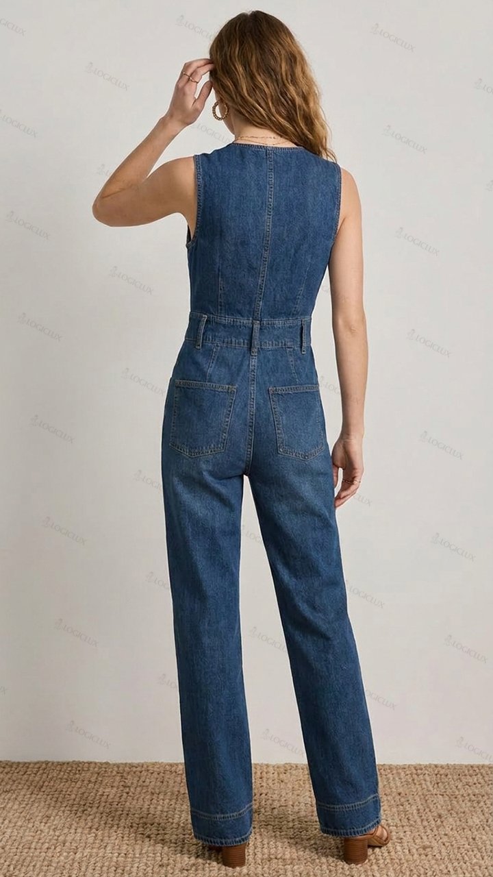 Womens Sleeveless V-neck Multi-pocket Denim Jumpsuit