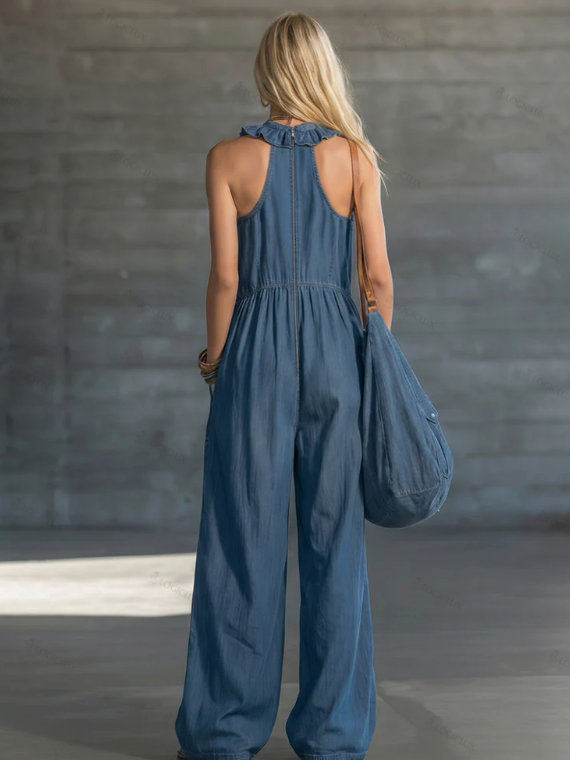 Retro-style Ruffled Collar Casual Denim Jumpsuit