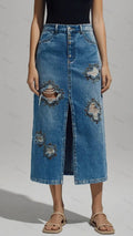 Womens Beaded Ripped Slit Denim Midi Skirt