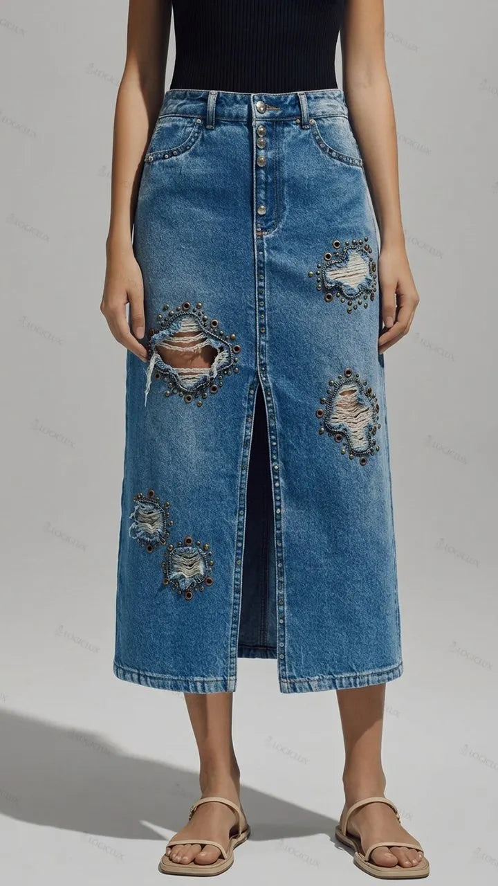 Womens Beaded Ripped Slit Denim Midi Skirt