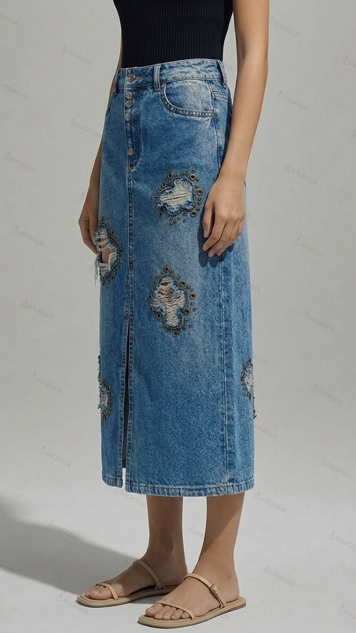 Womens Beaded Ripped Slit Denim Midi Skirt